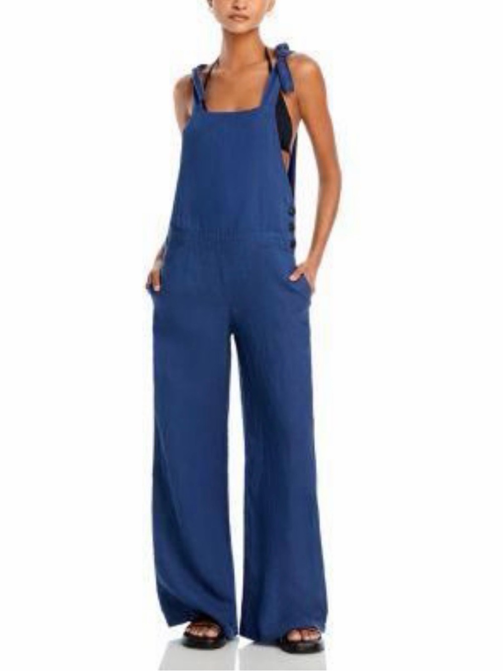 Navy Tie-Shoulder Linen-Blend Jumpsuit